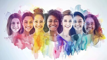 A group of women smiling in a rainbow of colors