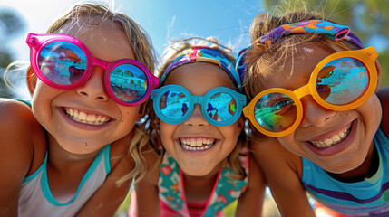 Three young girls wearing sunglasses and smiling