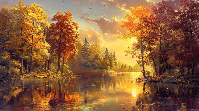 "Dusk light painting an autumn forest's warm spectrum in a secluded lake."