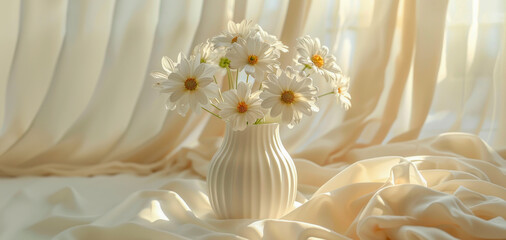 A vase of white flowers sits on a white cloth