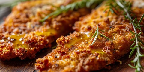 A close-up of breaded schnitzel seasoned with fresh herbs, an iconic dish of the Austrian cuisine served usually with lemon - obrazy, fototapety, plakaty