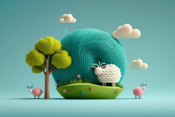 3d rendering of a green tree with a sheep in the form of a ball - Powered by Adobe