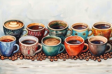 Fototapeta na wymiar A painting of many different colored coffee cups with a white background