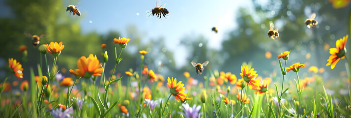 Bees flying in the air above flowers on a green meadow, during spring time in a nature landscape with bees and wildflowers on a sunny day.