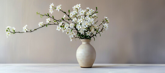 A white vase with white flowers in it sits on a table