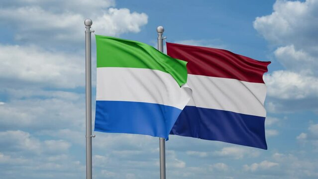 Netherlands and Sierra Leone two flags waving together, looped video, two country relations concept