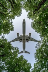 A white airplane is flying through a forest