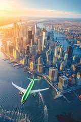 A green airplane flying over a city with a river below