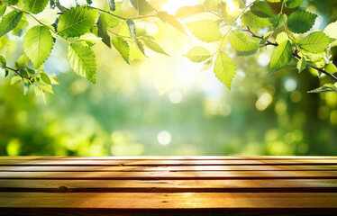 Naklejka premium Spring - Green Leaves On Wooden Table In Sunny Defocused Garden