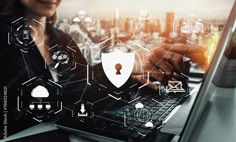 Poster cyber security and digital data protection concept. icon interface showing secure firewall technolog