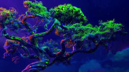 Bioluminescence in brain tree form, neon green and electric blue on ocean blue.