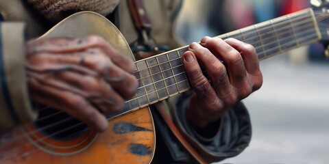 An intimate close-up shot that showcases the worn hands of a musician playing chords on a weathered guitar - obrazy, fototapety, plakaty