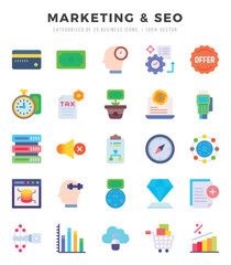 Collection of Marketing & Seo 25 Flat Icons Pack.