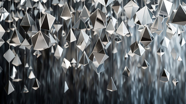 Geometric silver patterns on black to grey gradient explore digital complexities.