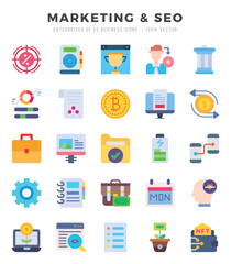 Marketing & Seo Icons Pack. Flat icons set. Flat icon collection set. Simple vector icons.