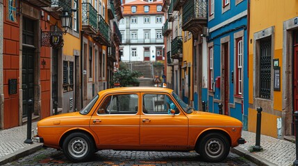 A highquality image of a taxi parked in a picturesque street of Porto, with traditional Portuguese tiles in the background
