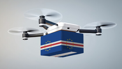 Aerial view of drone delivery. A UAV transporting a box with the Cape Verde flag, representing the cutting-edge technology in logistics.