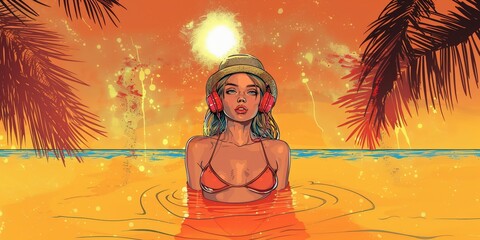 illustration of a girl in bikini listen music with headphones and Showing fun at the beach