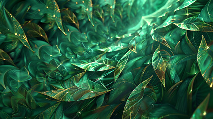 Emerald and forest green fractals, with sun-like gold accents, conjure a lush canopy.