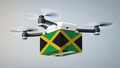 Aerial view of drone delivery. A UAV transporting a box with the Jamaica flag, representing the cutting-edge technology in logistics.