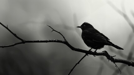 A dark bird sitting gracefully on a branch - obrazy, fototapety, plakaty
