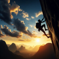 silhouette of climber climbing cliff at sunset