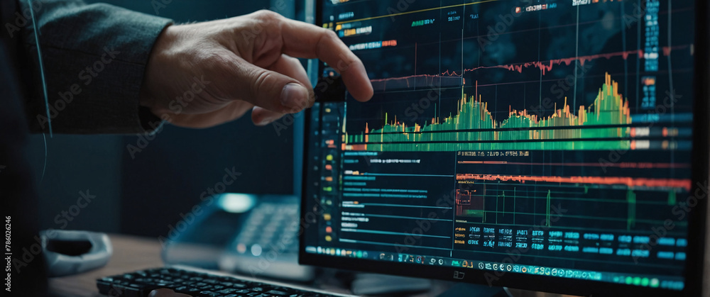 Poster anonymous professional, realistic, business hand working with cryptocurrency and ai computer interfa