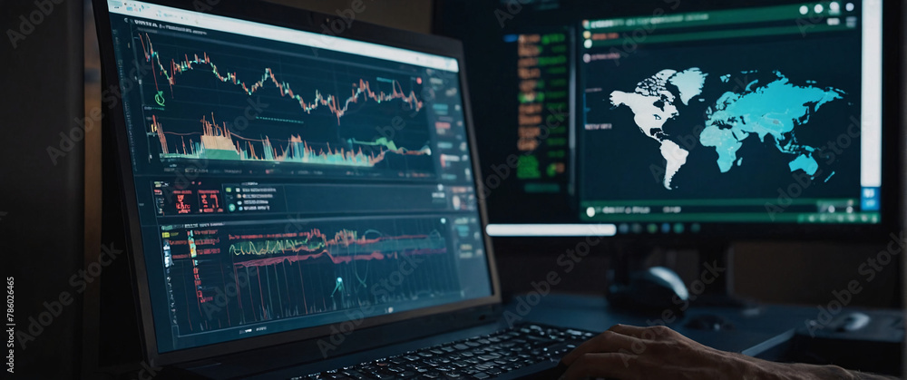 Poster anonymous professional, realistic, business hand working with cryptocurrency and ai computer interfa
