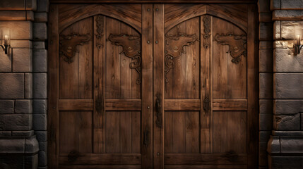 Fototapeta na wymiar Antique Elegance Weathered Wooden Door Featuring Delicate Metal Embellishments ,Tall strong double wooden doors