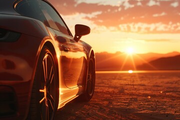 A sleek red sports car parked on a salt flat at sunset. - obrazy, fototapety, plakaty