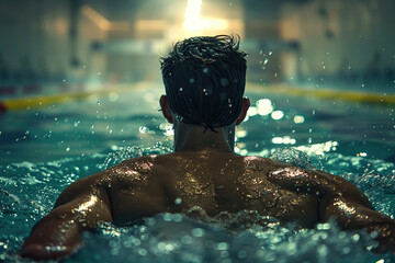 Rear view of a man swimming in a pool in splashes of water. Generated by artificial intelligence - Powered by Adobe