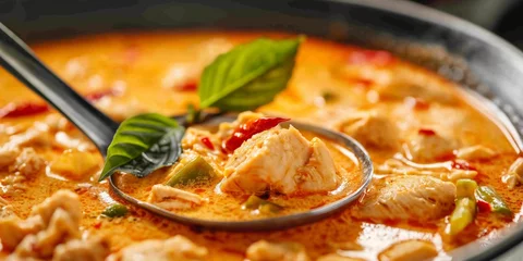 Foto op Plexiglas Close-up of tantalizing Thai Curry with tender chicken slices amidst a spicy coconut milk-based stew © gunzexx