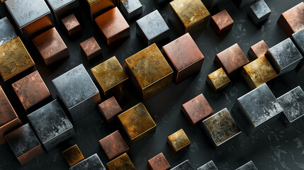 Metallic cubes in copper, silver, gold on dark grey provide a luxe, modern aesthetic.