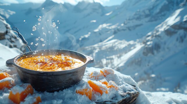 A highquality image of floating Swiss fondue, with a background of snowy Swiss Alps under a clear blue sky