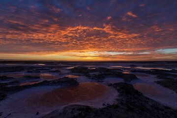 Dramatic Sunset of Dried Salt Ponds. Alviso Marina County Park, Santa Clara County, California, USA.