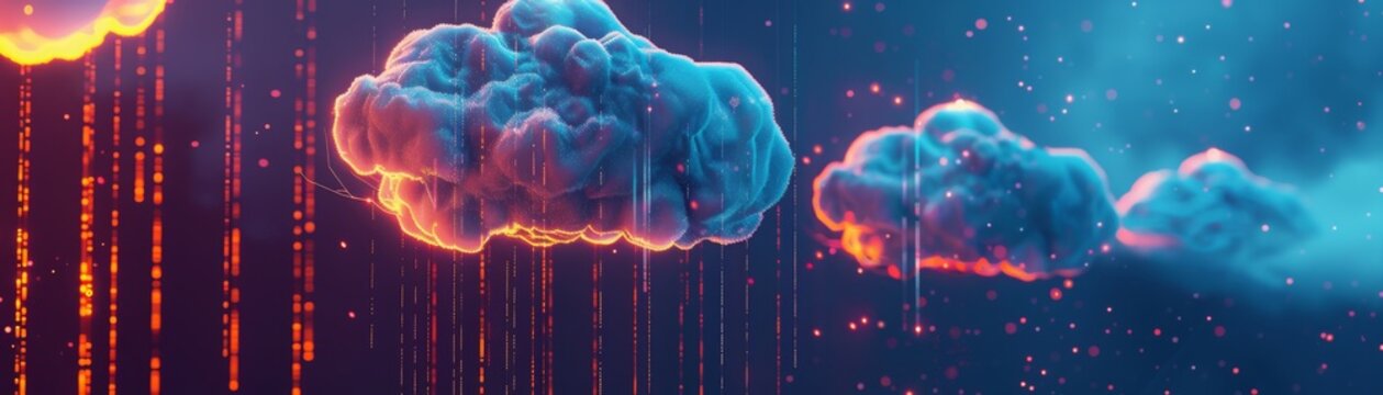 Blue and orange glowing clouds with binary code rain.