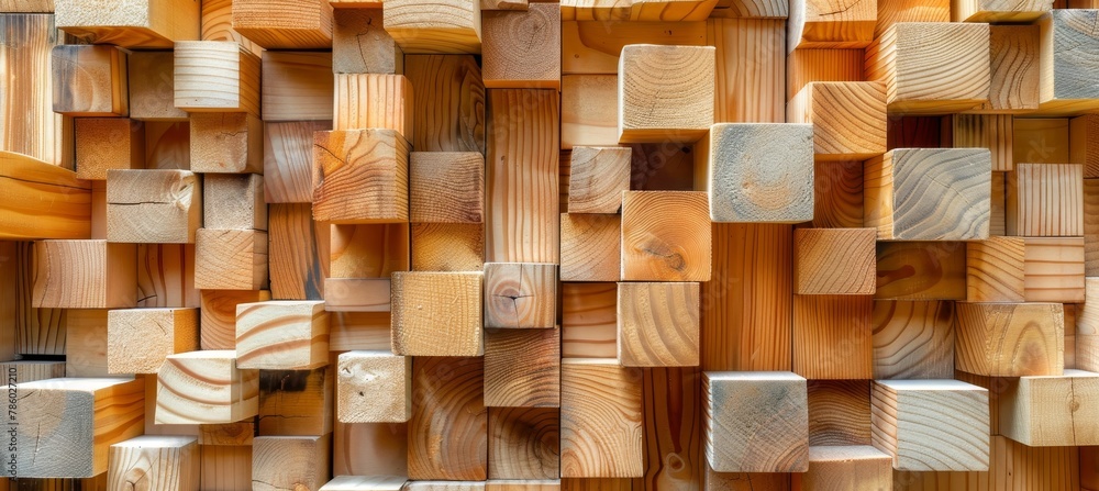 Poster abstract arrangement of rustic wooden 3d cubes stacked for textured backdrop in a creative display