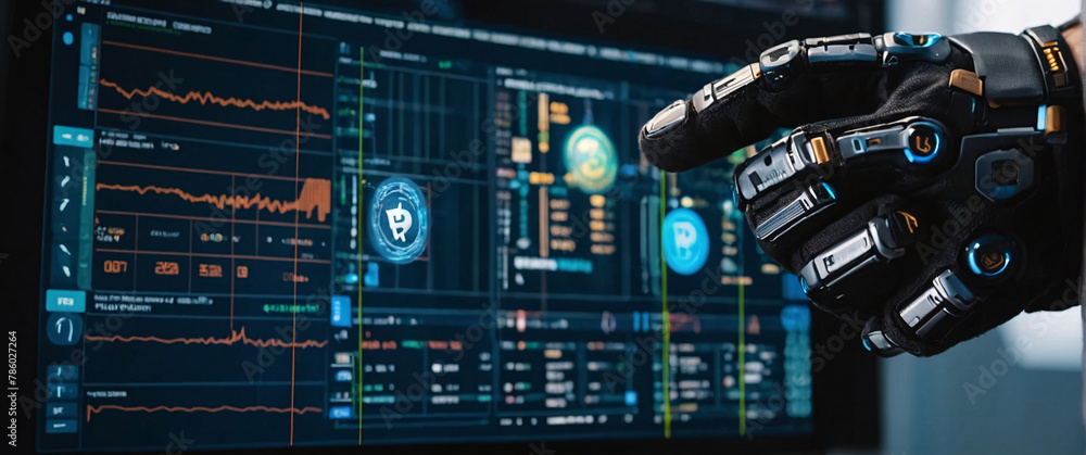 Poster anonymous professional, realistic, business hand working with cryptocurrency and ai computer interfa