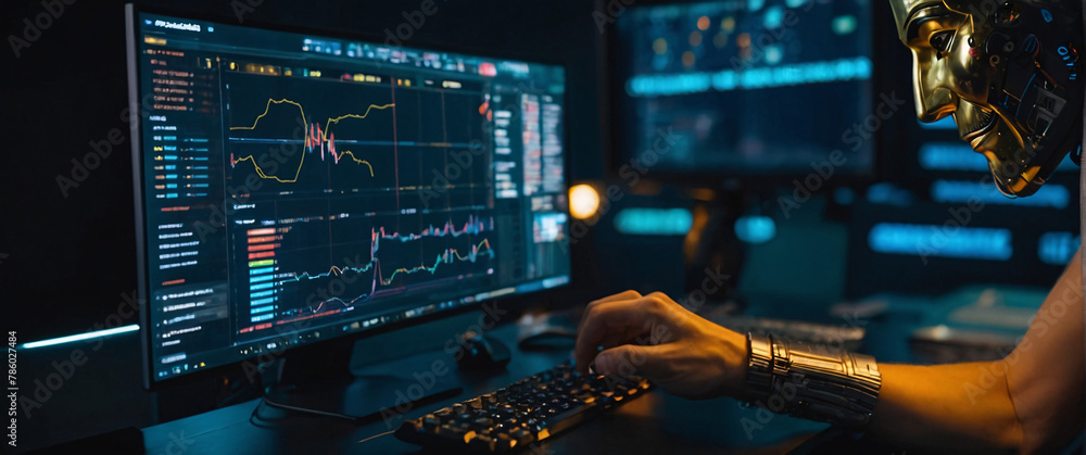Poster anonymous professional, realistic, business hand working with cryptocurrency and ai computer interfa
