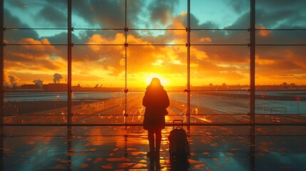 A highquality photo of a tourist photographing the sunrise through the massive glass windows of an airport - obrazy, fototapety, plakaty