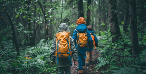 Three people are walking through a forest, each carrying a backpack