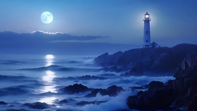 The rocky coastline is aglow with the soft light of the moon while the lighthouse stands tall and proud its beacon guiding ships to . .