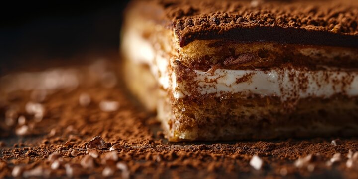 The image displays a delicious close-up of a rich and creamy tiramisu, the Italian layered dessert with cocoa dusting