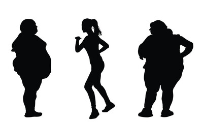 Fat friends woman and fitness girl instructor vector silhouette illustration isolated. Big belly overweight female. Fit lady dancer teach big girls exercise how to losing weight activity. Health care.