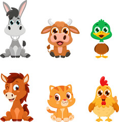 Cute Baby Farm Animals Cartoon Characters. Vector Flat Design Collection Set Isolated On Transparent Background