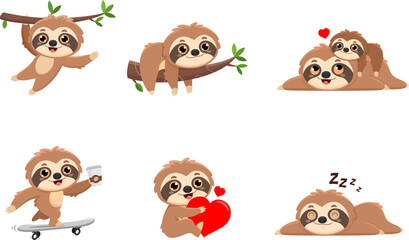 Naklejka premium Cute Sloth Cartoon Characters. Vector Flat Design Collection Set Isolated On Transparent Background