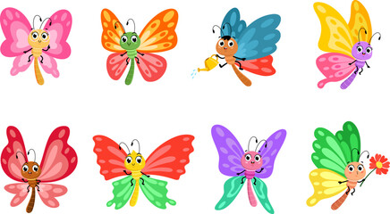 Cute Butterfly Cartoon Characters. Vector Flat Design Collection Set Isolated On Transparent Background