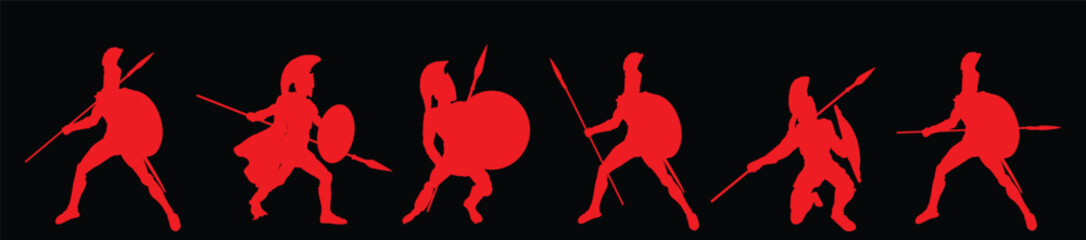 Greek hero ancient soldier Achilles with spear and shield in battle vector silhouette illustration isolated on background. Roman legionary, brave warrior in combat. Gladiator symbol shape. - obrazy, fototapety, plakaty