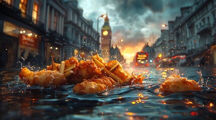 A highquality photo of floating British fish and chips, against a lively urban London street background at twilight