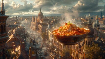 A Hungarian goulash, magically suspended in the air, with a historic Budapest street scene backdrop